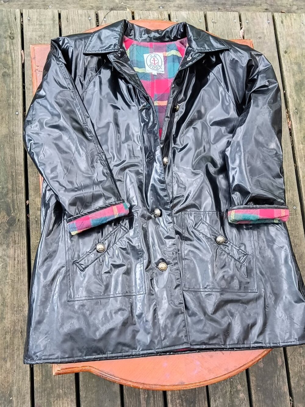 Vintage JG Hook Black Vinyl Raincoat Plaid Flannel Lined Trench Slicker M